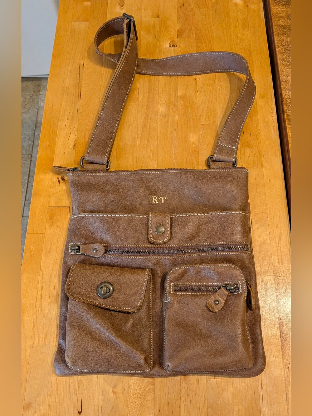 Roots Canada Villager Tan Leather Multi Pocket Crossbody Shoulder Bag